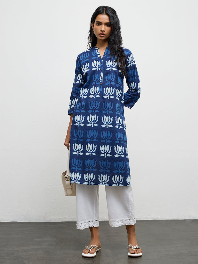 Utsa Indigo Floral Printed Cotton Straight Kurta