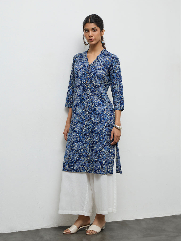 Utsa Indigo Floral Pattern Cotton Straight Kurta