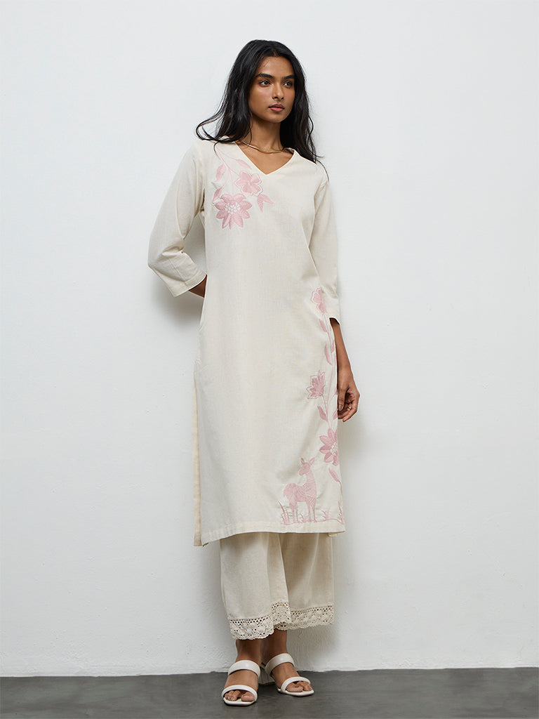 Utsa Off-White Floral Embroidered A-Line Cotton-Blend Kurta