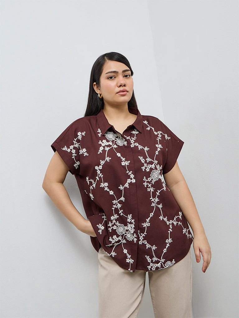 Gia Dark Brown Floral Embroidered Shirt