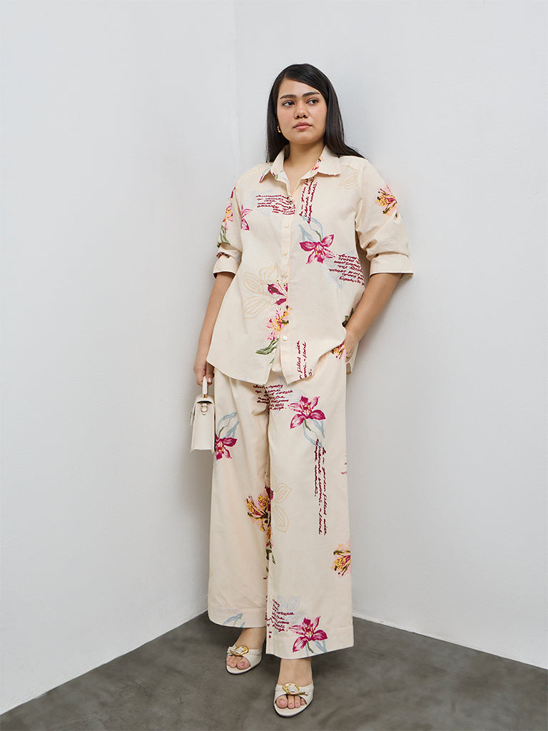 Gia Cream Floral Design High-Rise Cotton-Blend Trousers