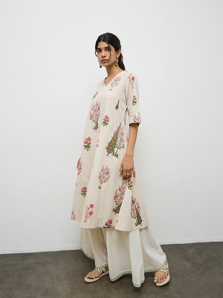 Utsa Off-White Floral Printed Cotton A-Line Kurta