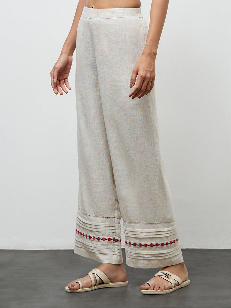 Utsa Beige Embroidered Pants