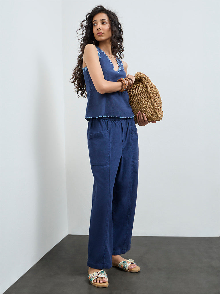 Bombay Paisley Indigo Solid Cotton-Blend Pants