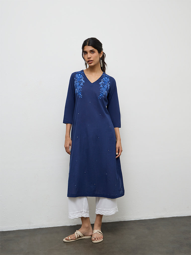 Utsa Indigo Embroidered Cotton A-Line Kurta