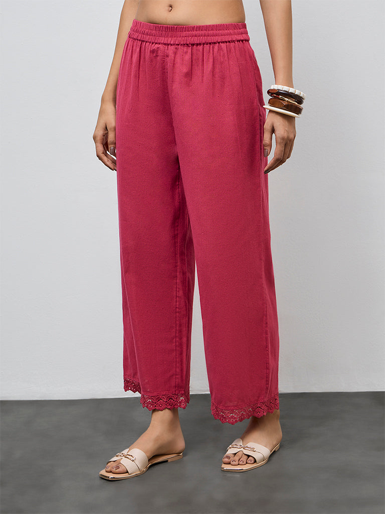 Utsa Fuchsia Lace Detailed Cotton-Blend Pants