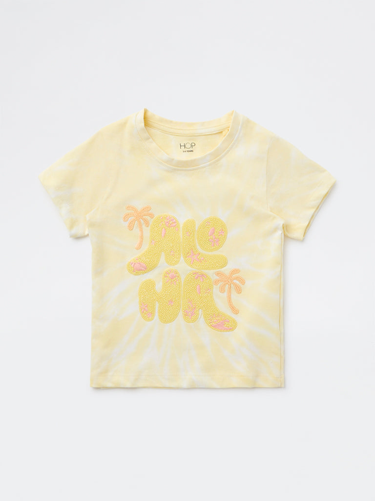 HOP Kids Girls Yellow Embroidered Cotton T-Shirt