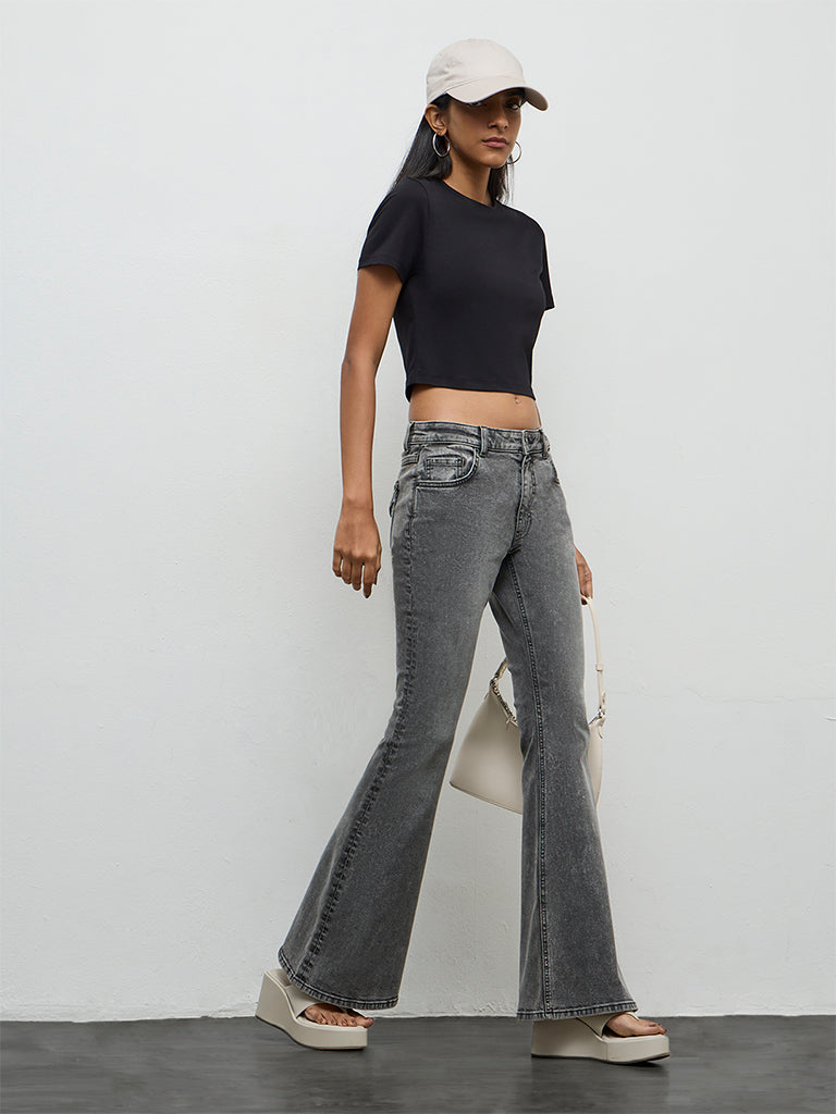 Nuon Light Grey Washed High-Rise Flared Jeans