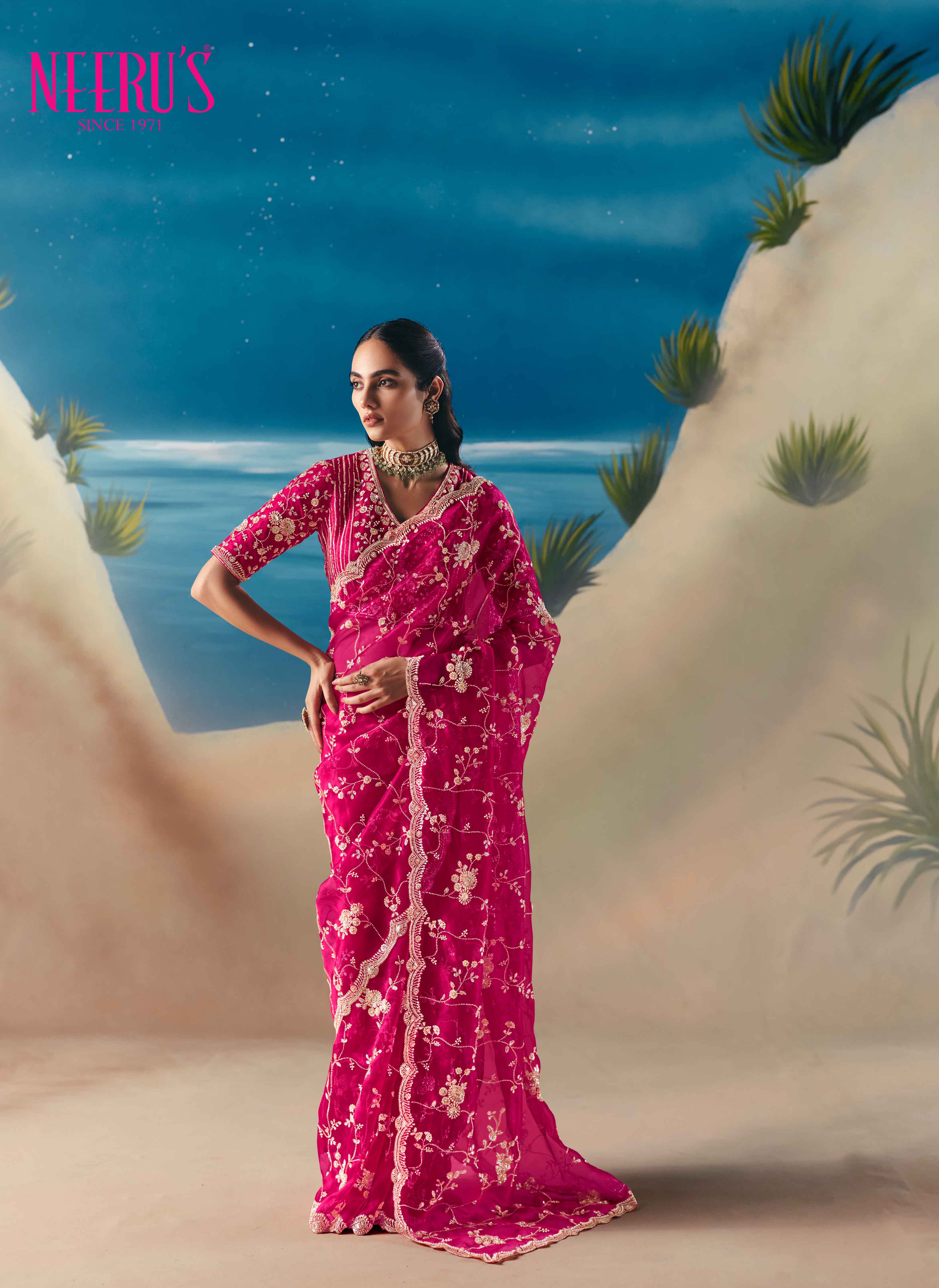 Rani Pink Tissue Saree With Heavy Sequins And Hand Embroidery Work ...