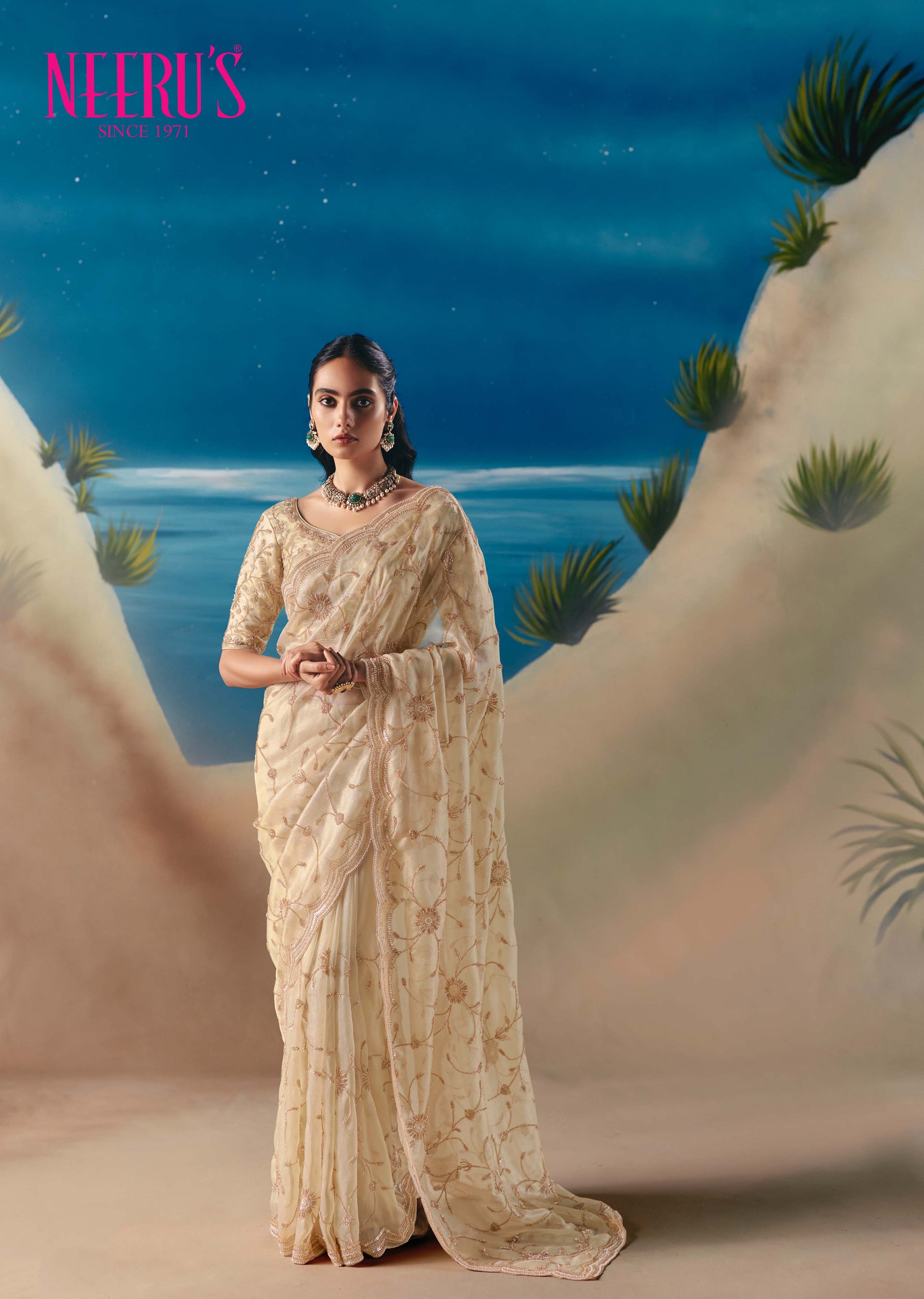 Beige Tissue Fabric Saree With Hand Embroidery Work