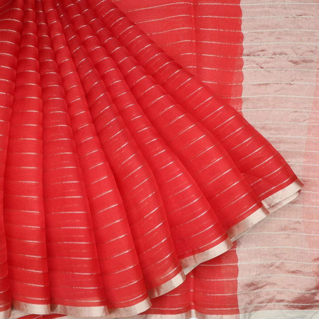 Red Organza Saree With Stripes Pattern