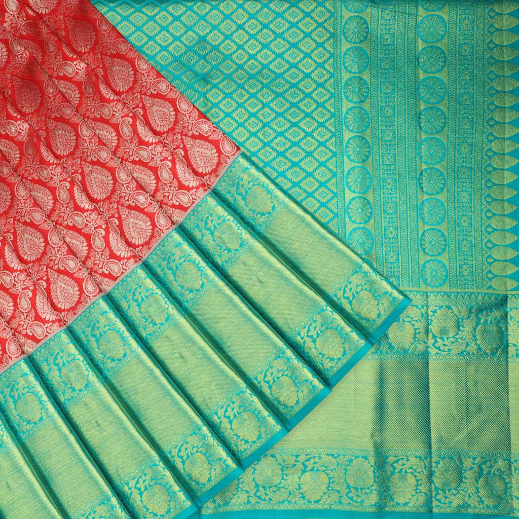 Vibrant Red Kanjivaram Silk Saree With Floral Jaal Design