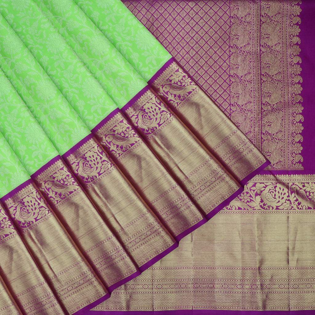 Spring Green Kanjivaram Silk Saree With Floral Pattern