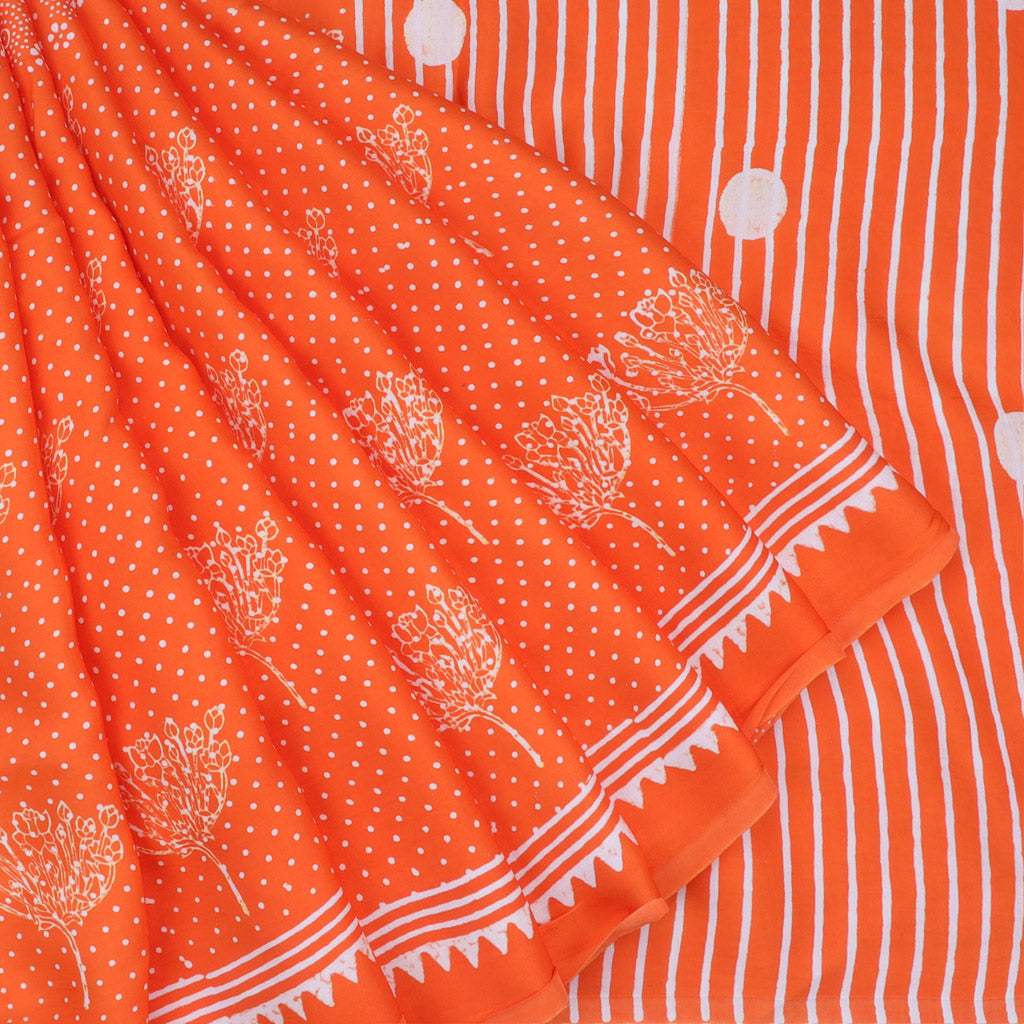 Vibrant Orange Printed Satin Silk Saree With Floral Motifs