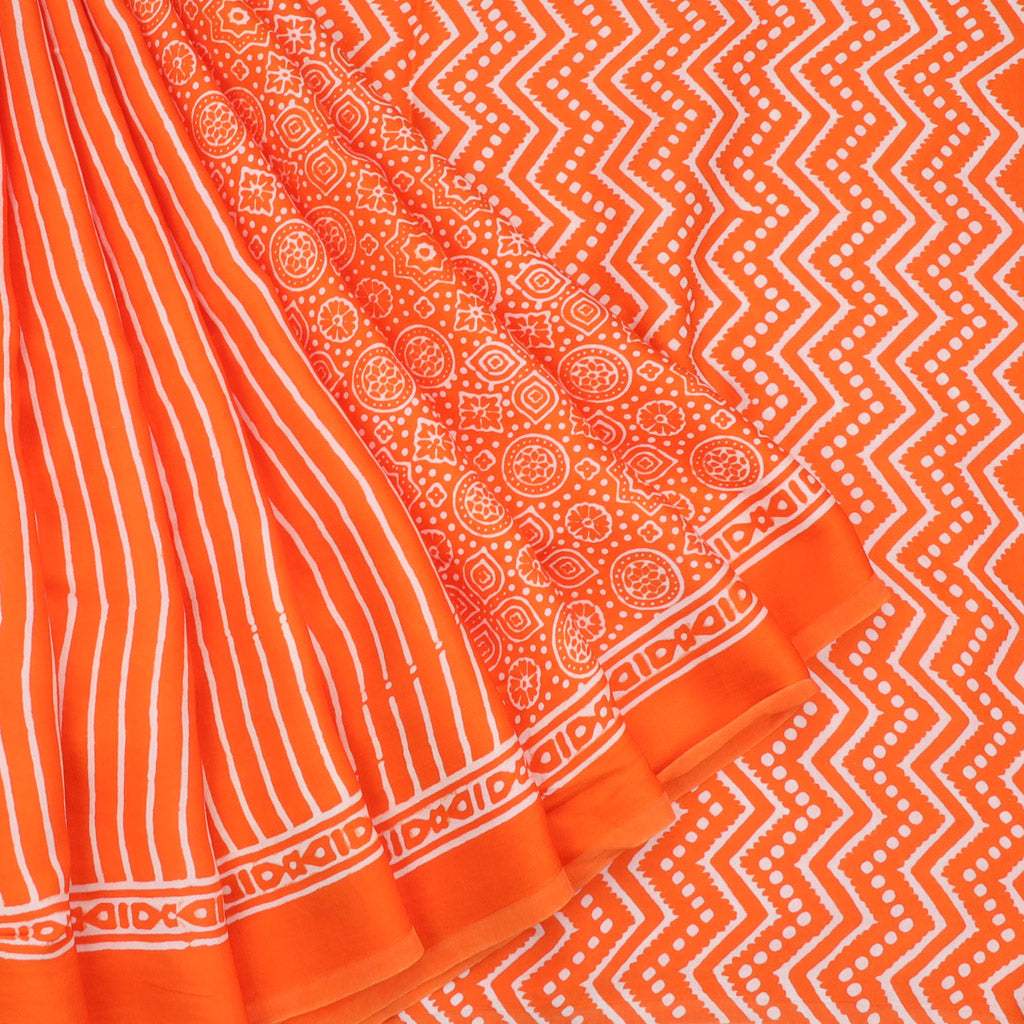 Vibrant Orange Printed Satin Silk Saree With Floral Motifs