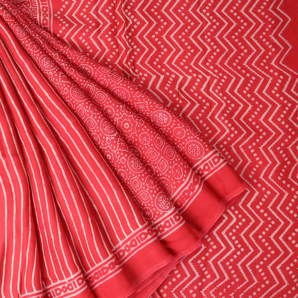 Vibrant Red Printed Satin Silk Saree