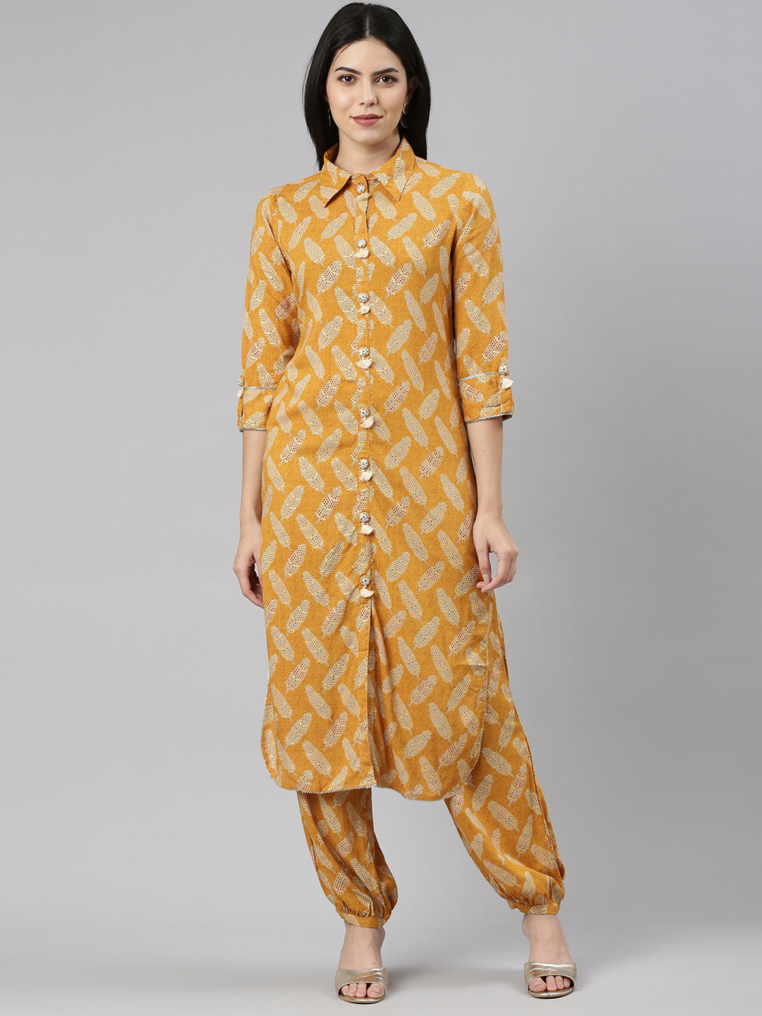 Neeru's Mustard Regular Straight Printed Kurta And Salwar