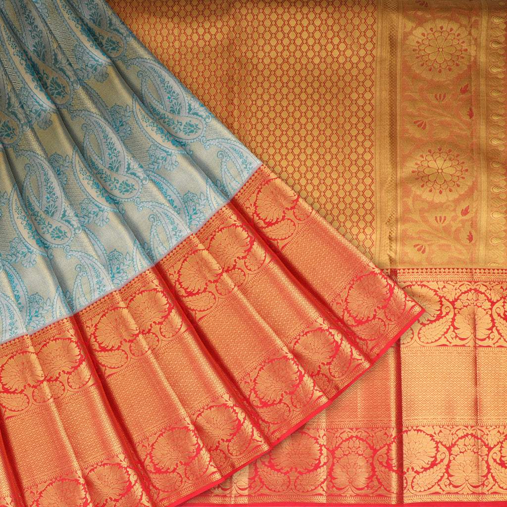 Powder Blue Tissue Kanjivaram Silk Saree With Paisley Motif Pattern