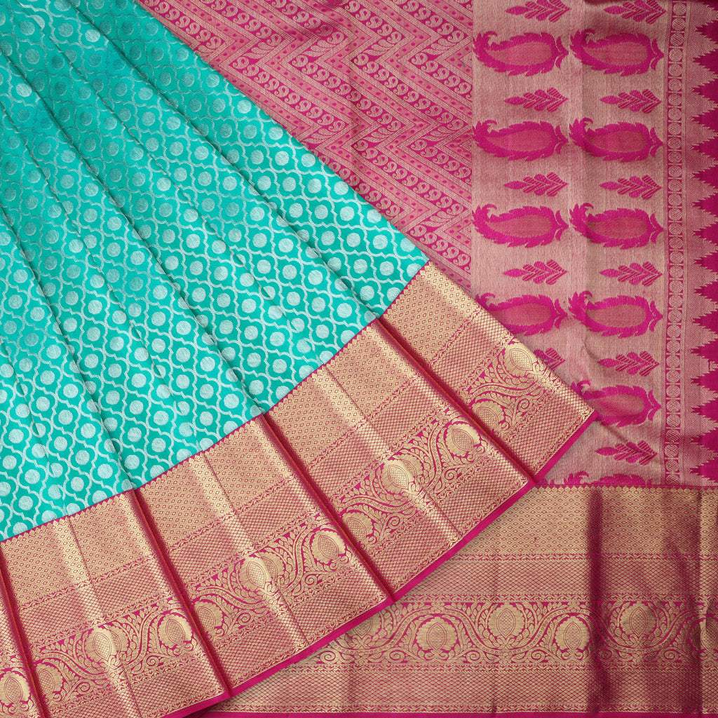 Turquoise Blue Kanjivaram Silk Saree With Floral Pattern