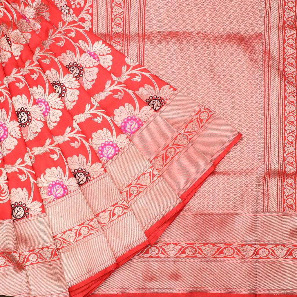 Red Banarasi Silk Handloom Saree With Floral Motif Pattern