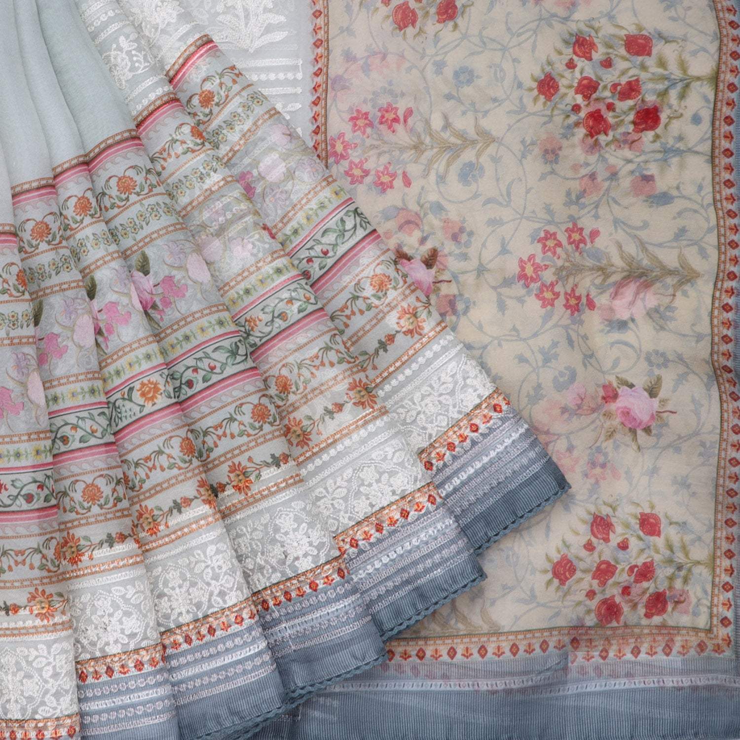 Soft Pastel Blue Printed Organza Saree With Floral Embroidery