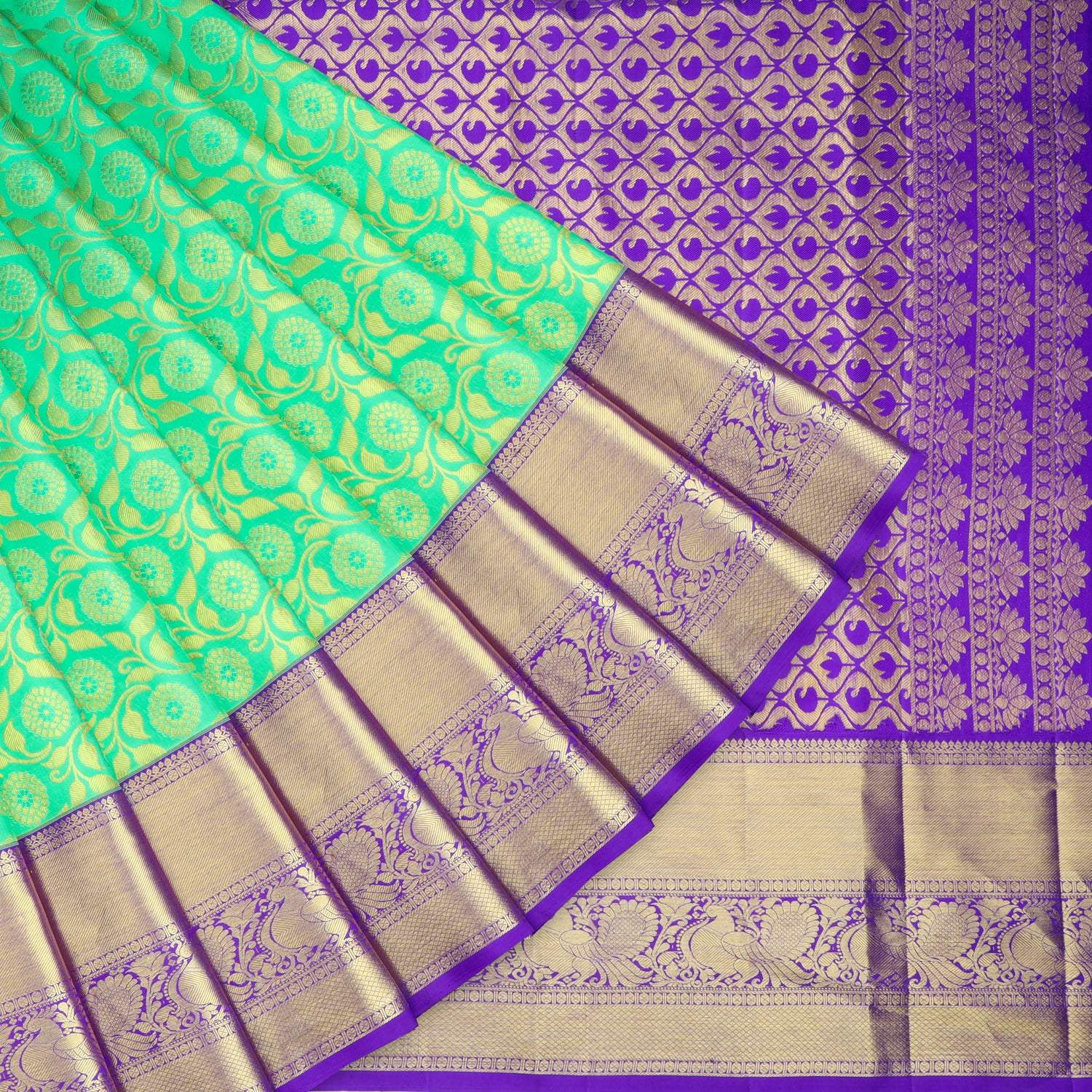 Spring Green Kanjivaram Silk Saree With Floral Jaal Design