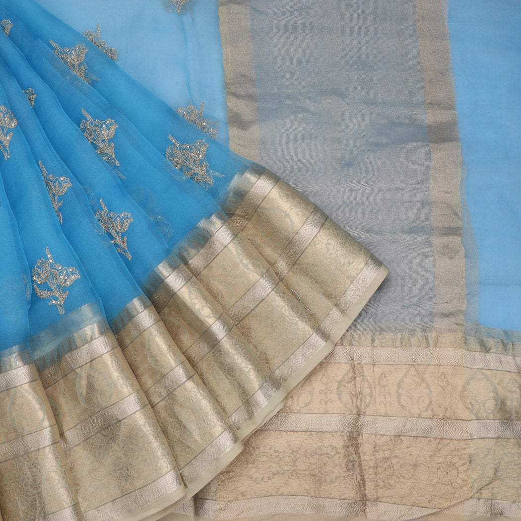 Turquoise Blue Organza Saree With Sequins Floral Embroidered Buttas