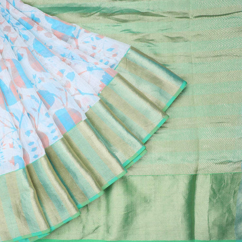 White Chanderi Saree With Printed Floral And Bird Motifs
