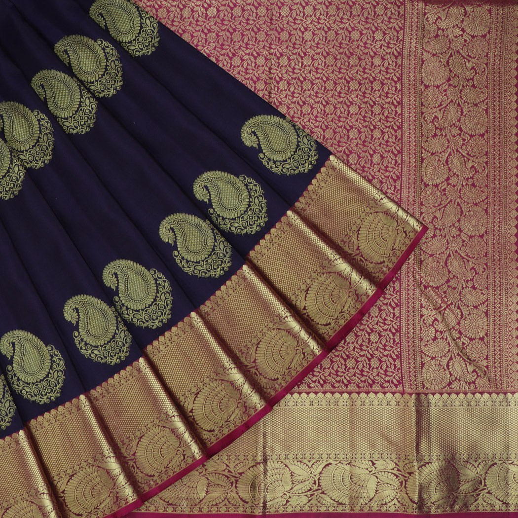 Russian Violet Kanjivaram Silk Saree With Floral Paisley Motifs