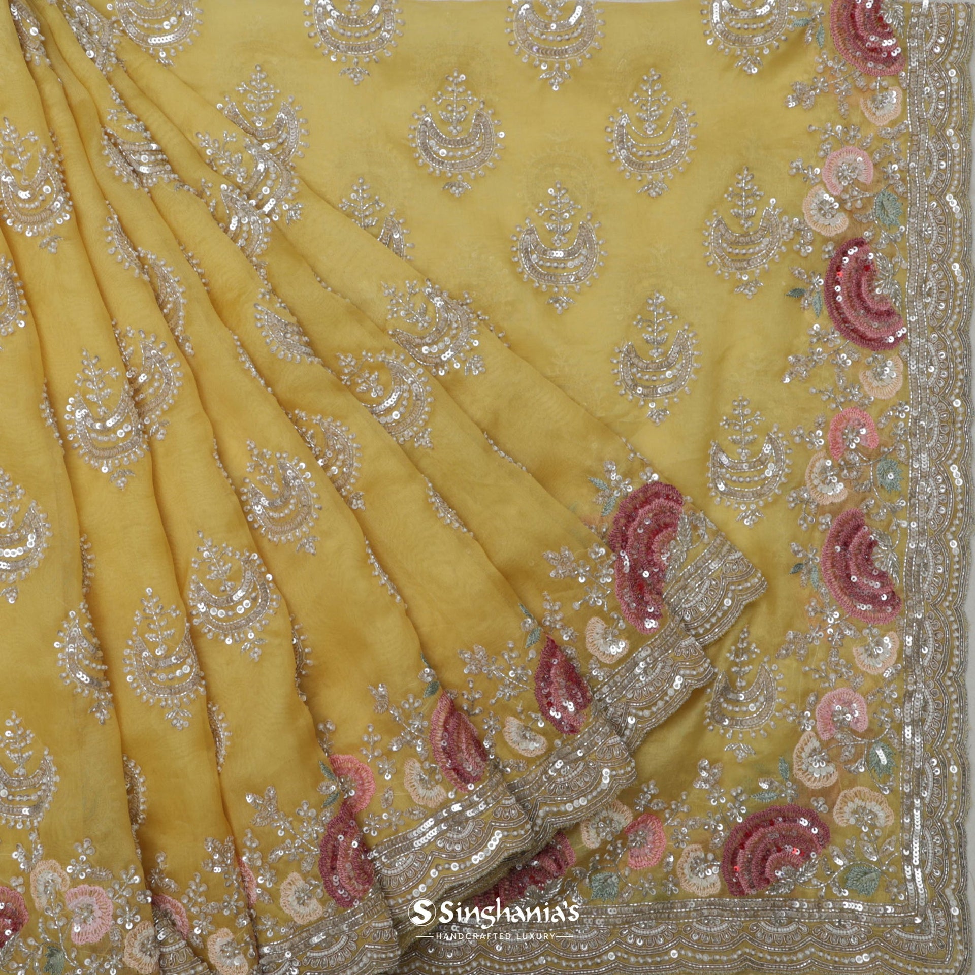 Yellow organza saree with blouse 1402