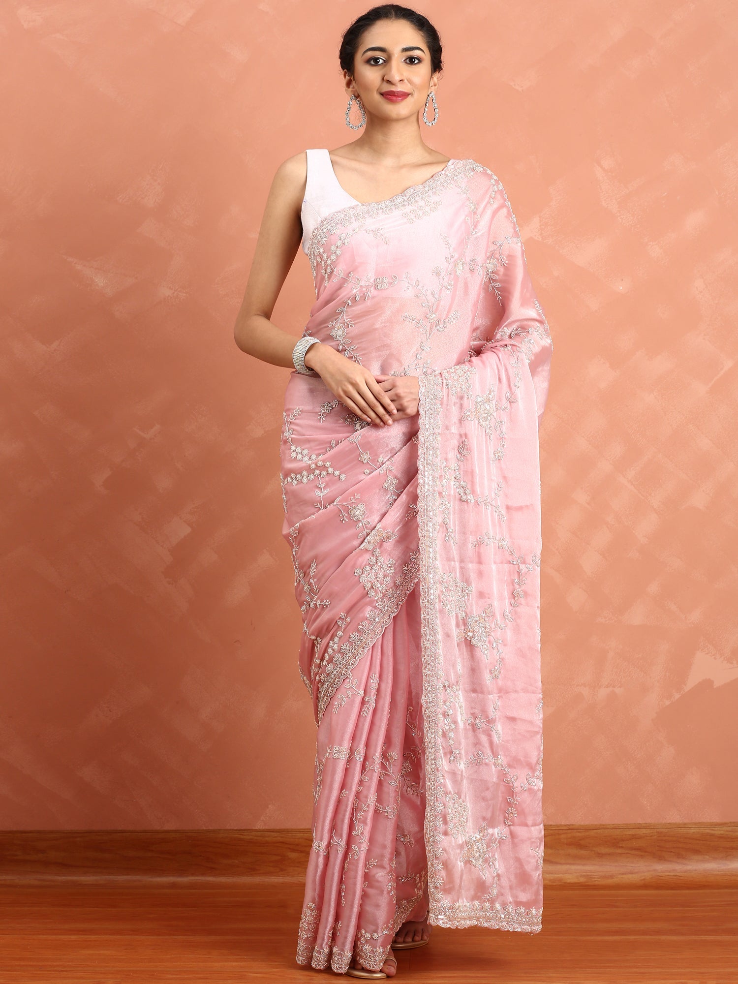 Baby pink satin saree with zardozi hand work