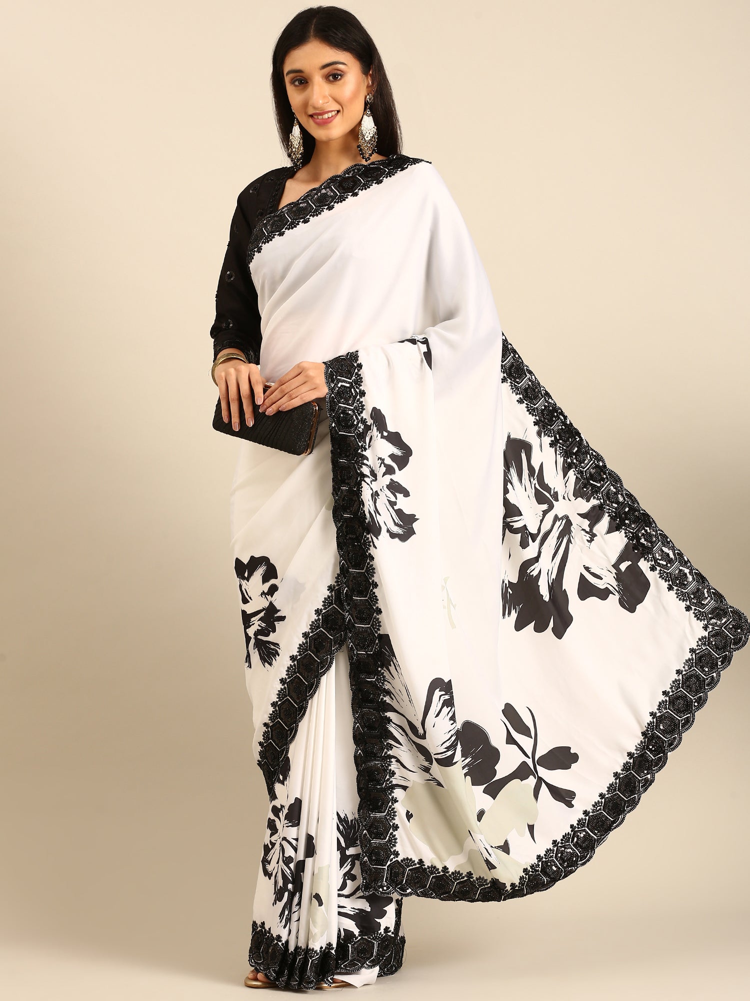 Black & white satin printed saree with hand embroidery & ready made blouse