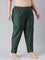 Women Bottle Green Solid Mid Rise Metallic Pants