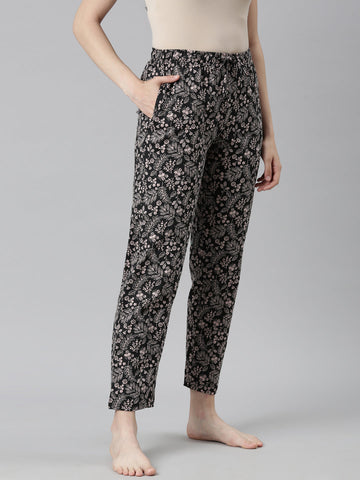 Black Cotton Knit Printed Lounge Pants