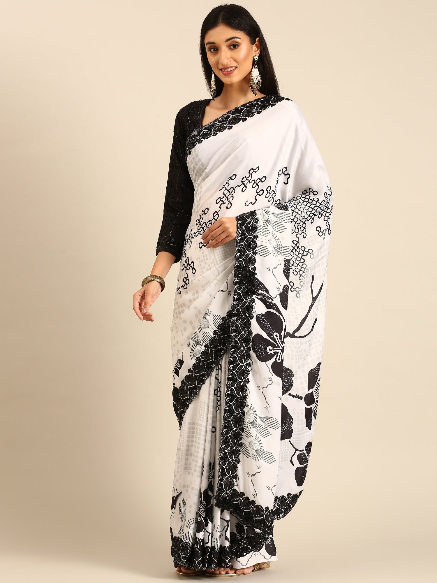 Black & white satin printed saree with hand embroidery & ready made blouse