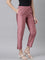 Women Dusty Rose Solid Mid Rise Metallic Pants