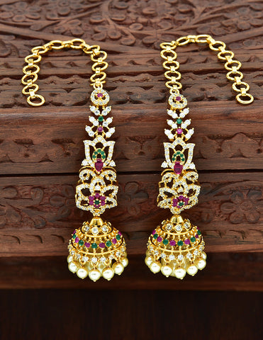 Designer Zirconia Gold Plated Jhumka Earrings+Matties