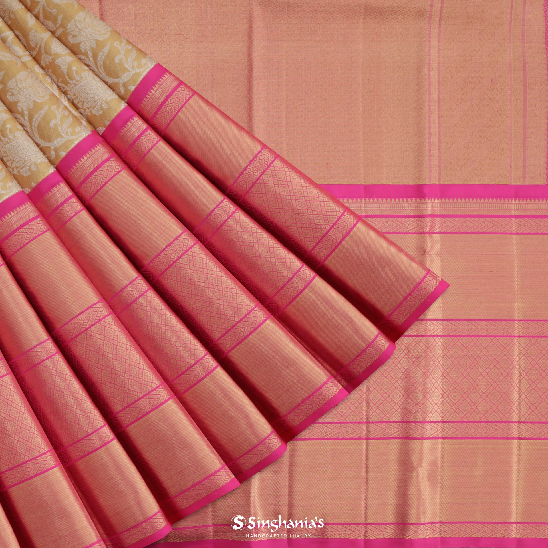 Peach Orange Kanjivaram Silk Saree With Floral Jaal Pattern