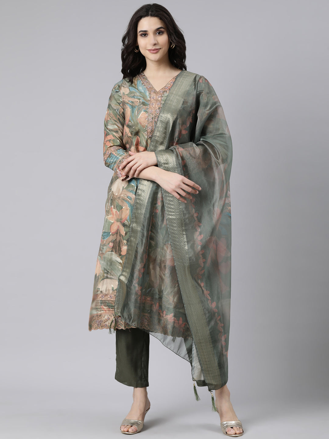 Neerus Olive Regular Straight Floral Kurta And  Trousers With Dupatta