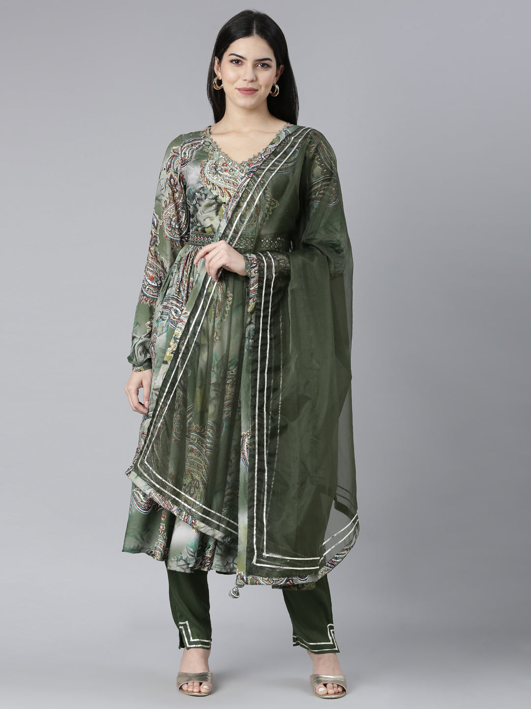 Neerus Olive Pleated Straight Paisley Kurta And Trousers With Dupatta