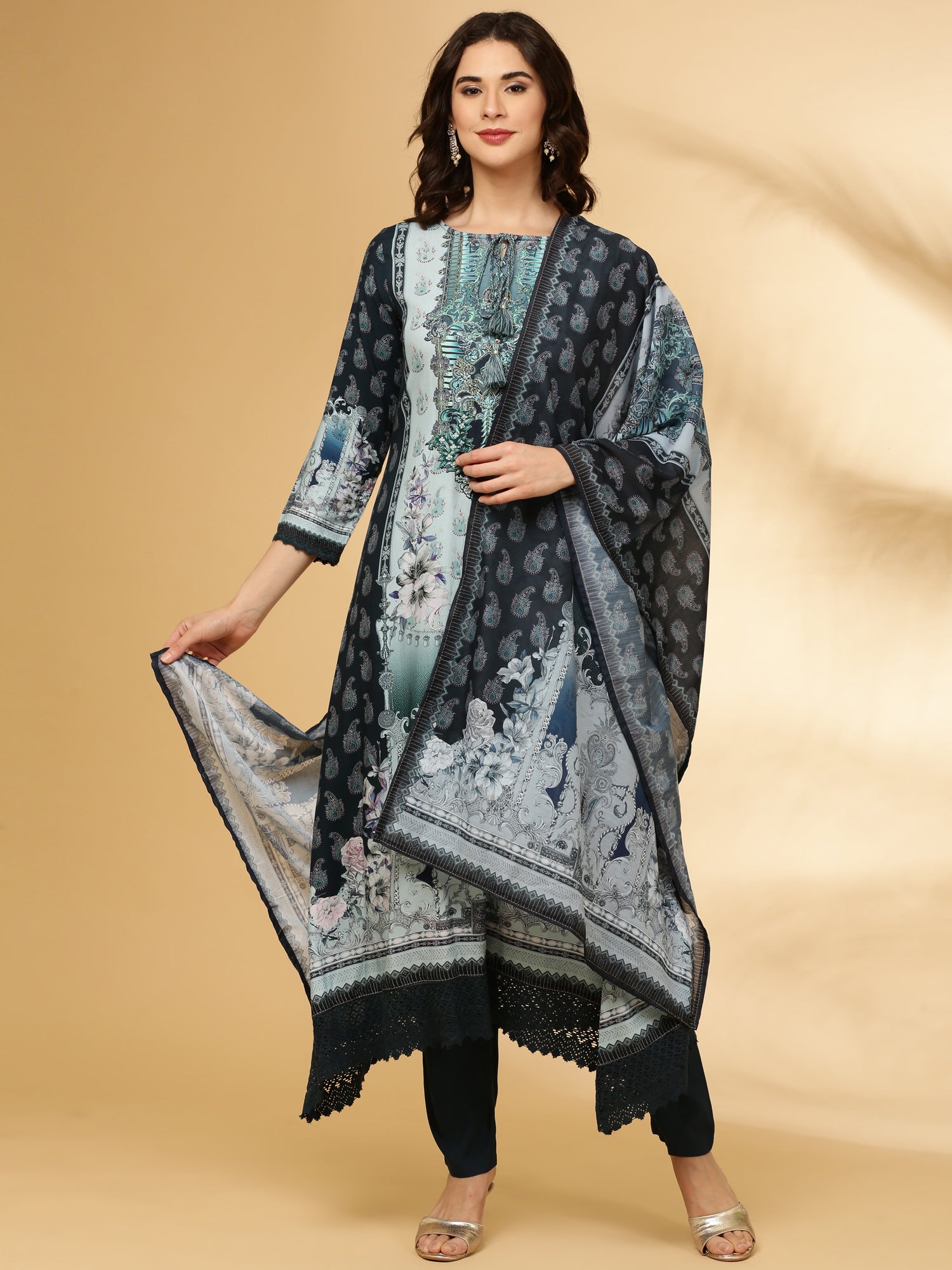 Navy Blue Rayon Printed Three Piece Set