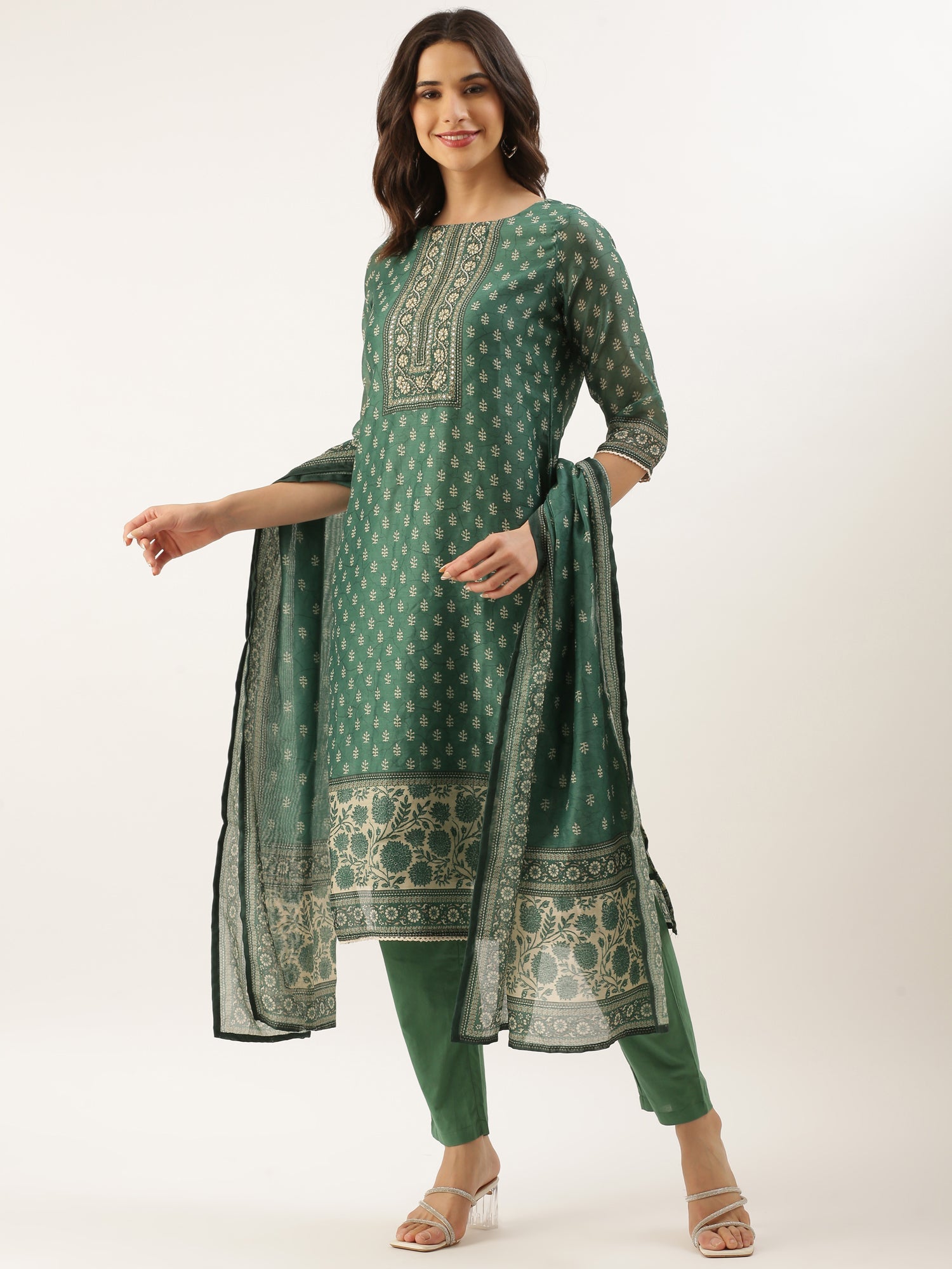 Green Organza Printed Three Piece Suit Set
