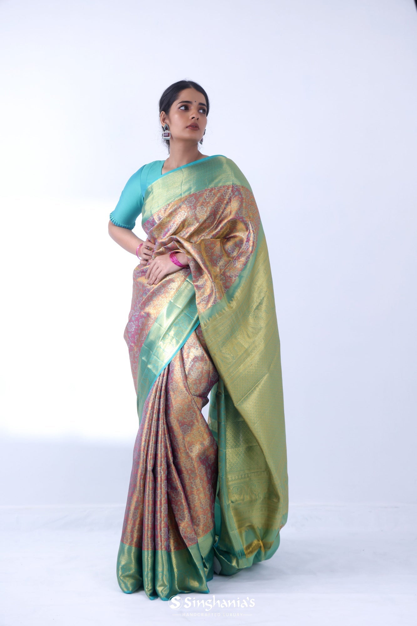 Pink Gold Kanjivaram Silk Saree With Floral Jaal Weaving