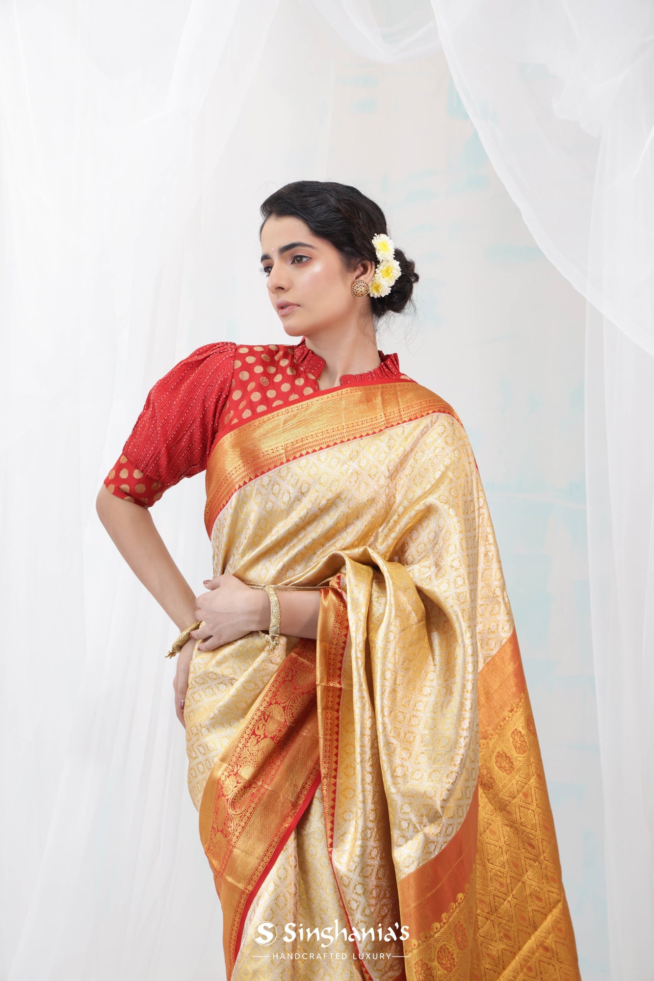 Kanjeevaram Silk Gold Saree With Blouse