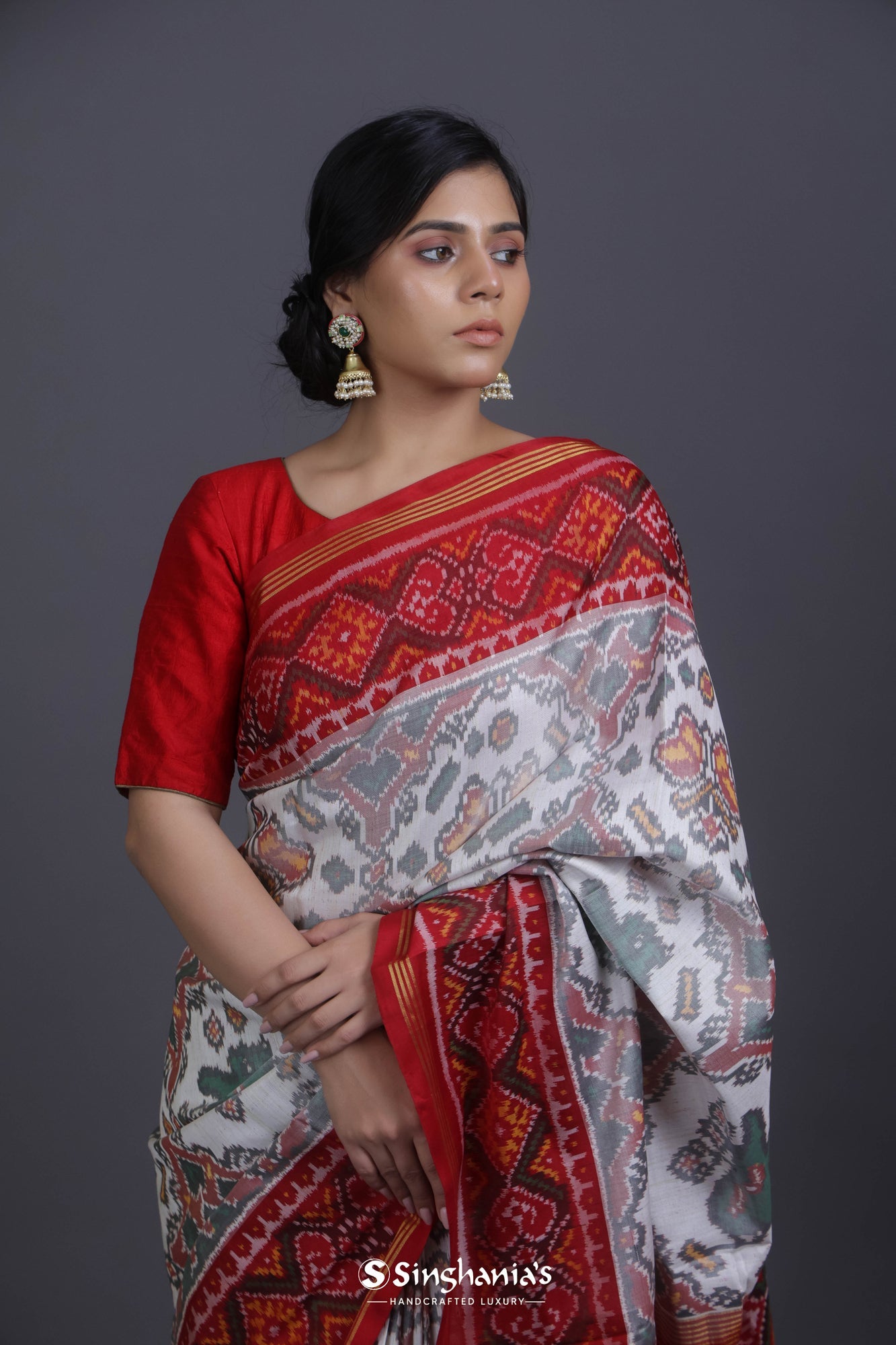 Silvery Grey Ikat Patola Silk Saree