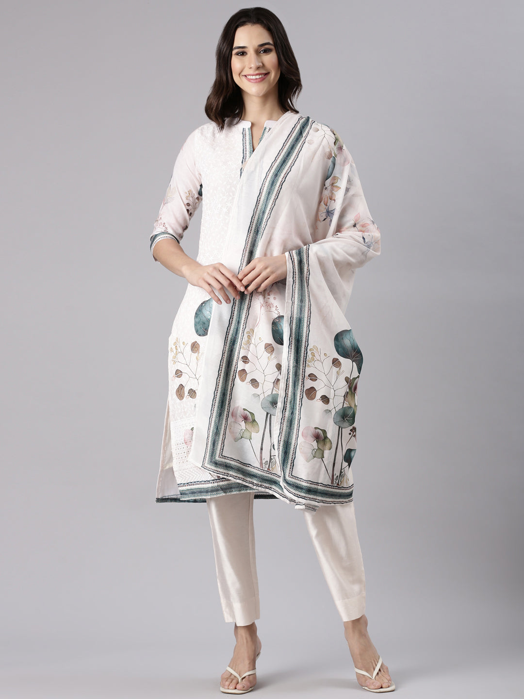 Cream Slub Cotton Printed Three Piece Set