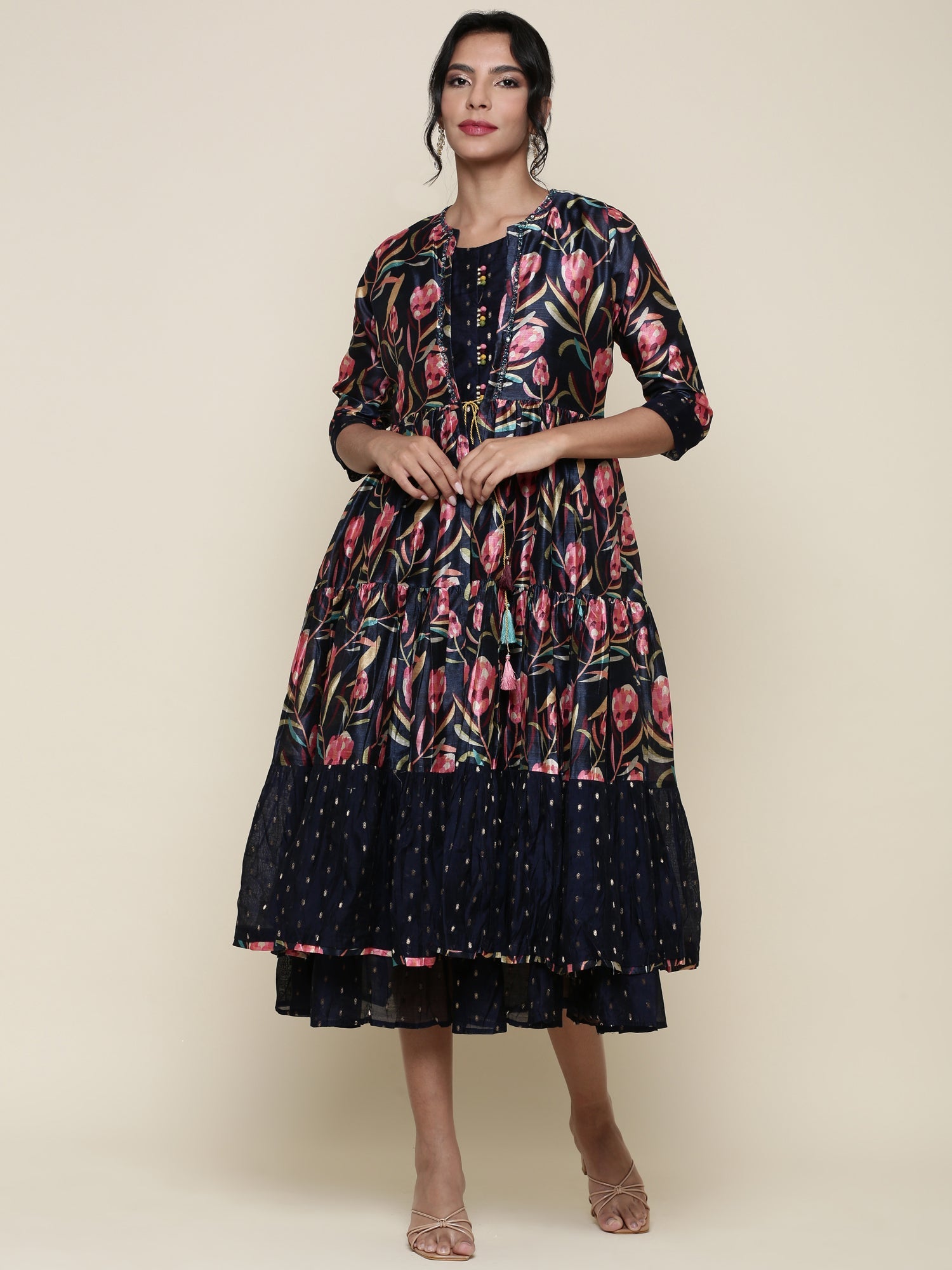 Black Silk Floral Printed Jacket and Gown set