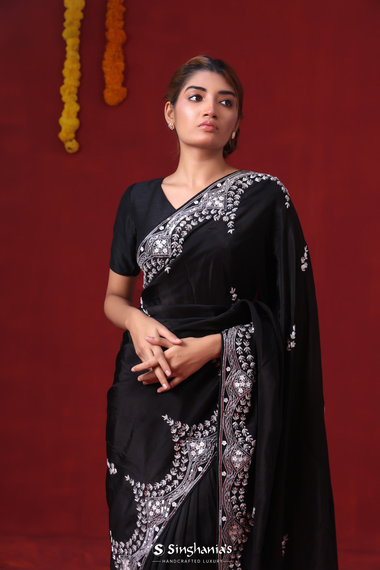 Night Black Tissue Organza Saree With Hand Embroidery