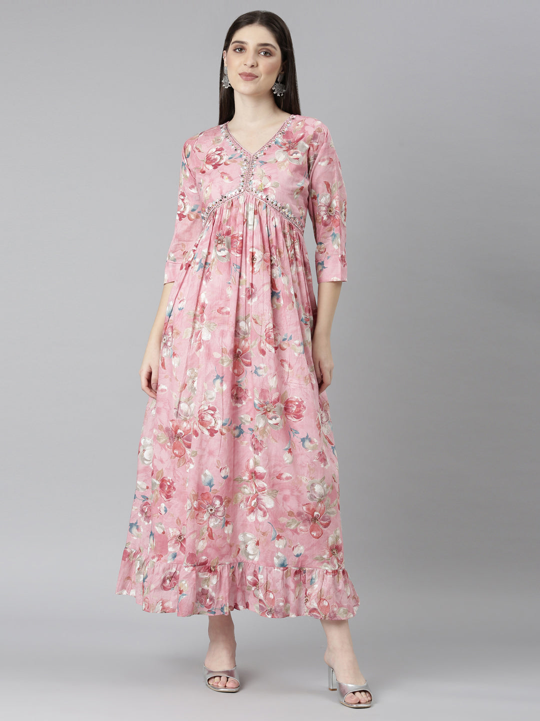 Neeru's Pink Straight Casual Floral Dresses