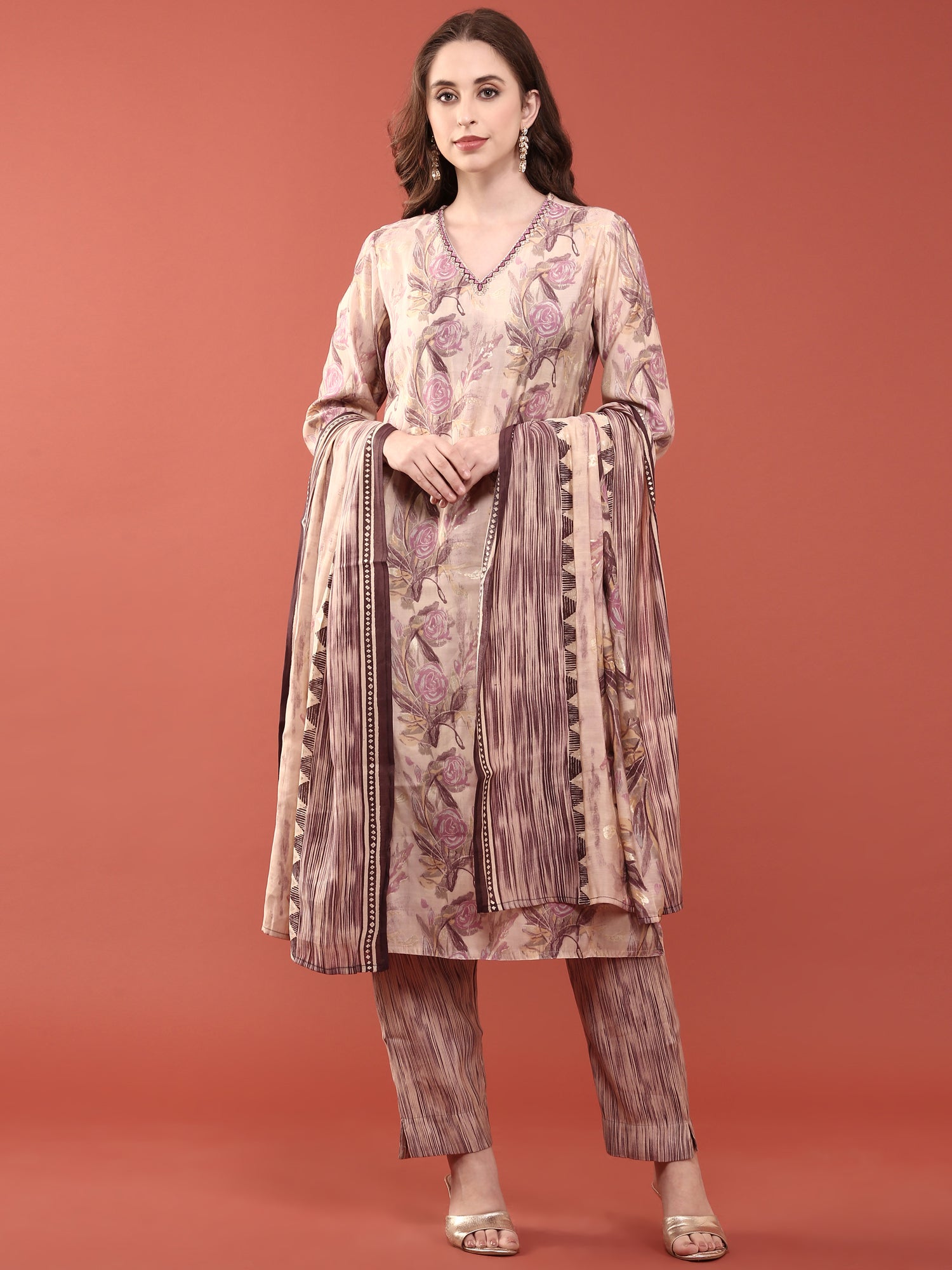 Lavender Modal Silk Floral Digital Print Three Piece Set